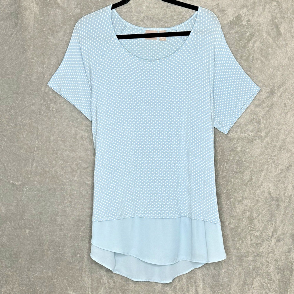 Chico's Women's Top Blouse XL Light Blue Polka Dot Layered Hem Short Sleeve Knit